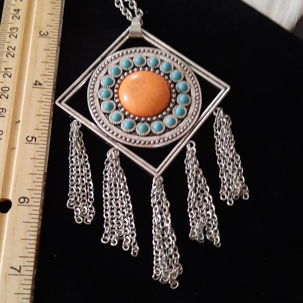 3/25$ sandstone faux turquoise/coral fringe fashion necklace silvertone - Picture 5 of 7